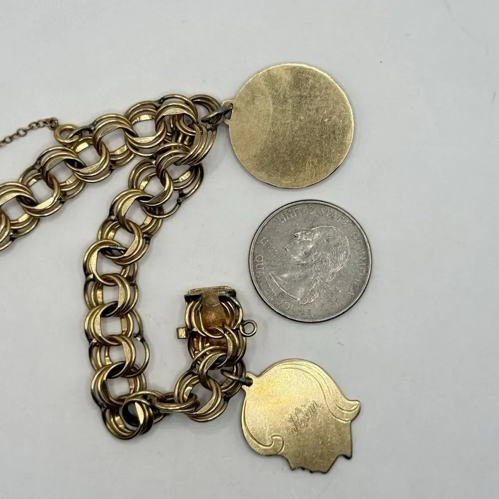 Vintage Estate 12k Gold Filled Double Link Charm Bracelet School 1950s 1960s 22g